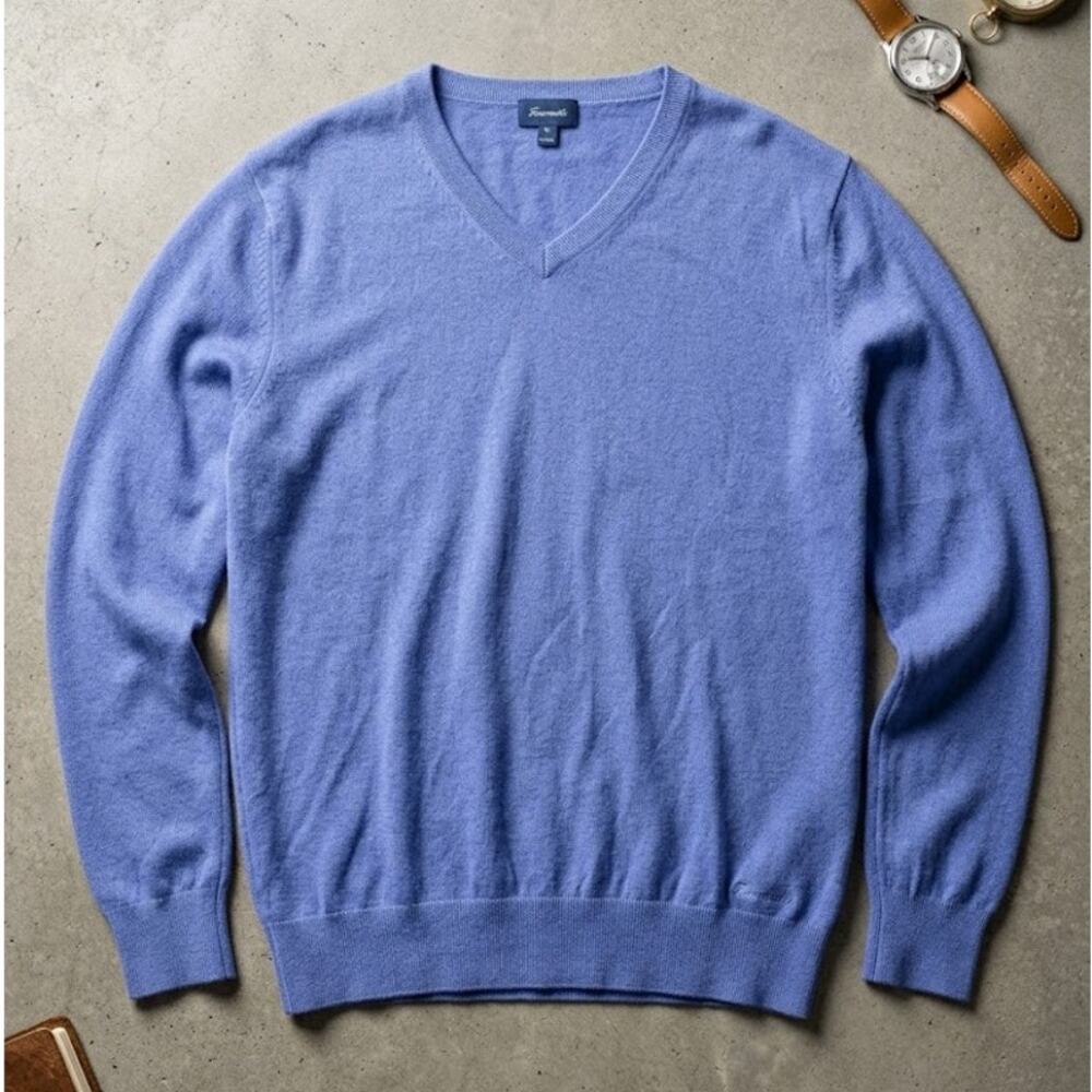 Faconnable Mens XL Blue V-Neck Sweater Silk Cotton Cashmere Blend Quiet Luxury